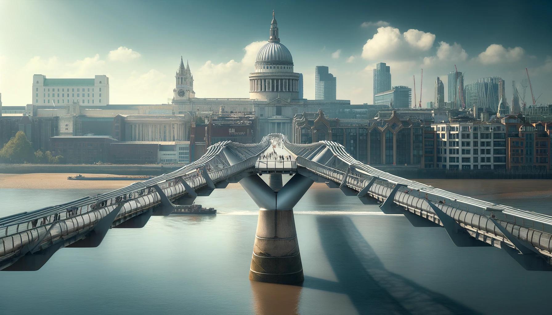 El Puente del Milenio en Londres, inaugurado en 2000, conecta la Catedral de San Pablo con el Tate Modern y el Teatro Globe. Diseñado por Norman Foster, Anthony Caro y Arup, es un símbolo arquitectónico y cultural, revitalizando áreas y atrayendo turistas.