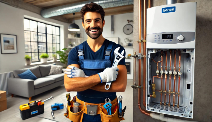 Fontanero en Londres trabajando en una caldera y sistema de calefacción central.