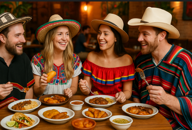 Four friends dressed in traditional Latin American clothing enjoying a meal in a vibrant South American restaurant setting.