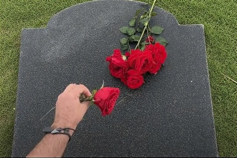 Mano robando flores rojas de una lápida en el cementerio.