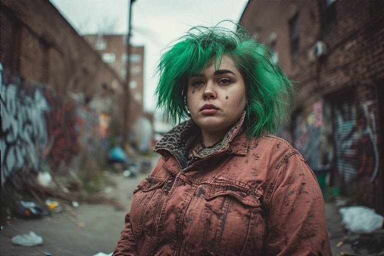 Mujer de expresión masculina con cabello verde en un entorno urbano.