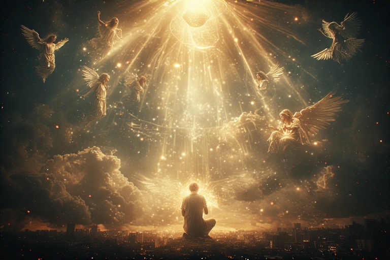 Persona rezando bajo un cielo celestial iluminado, rodeada de ángeles protectores con rayos de luz divina descendiendo del cielo, simbolizando protección espiritual y presencia de Dios.