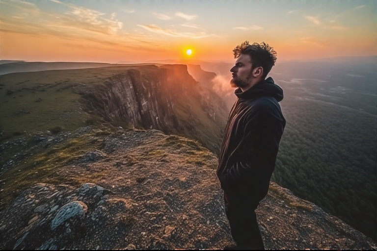 Persona mirando al horizonte desde la cima de una montaña al atardecer, simbolizando la superación del miedo y la libertad interior.