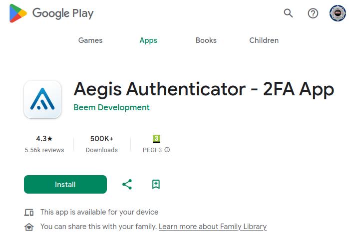 Captura de la aplicación Aegis Authenticator en Google Play, utilizada para proteger cuentas con verificación en dos pasos.