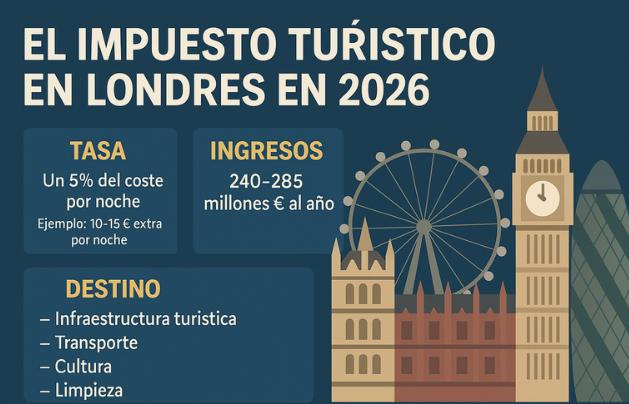Infografía sobre el impuesto turístico en Londres 2026 con datos de tasas, ingresos y destino de los fondos