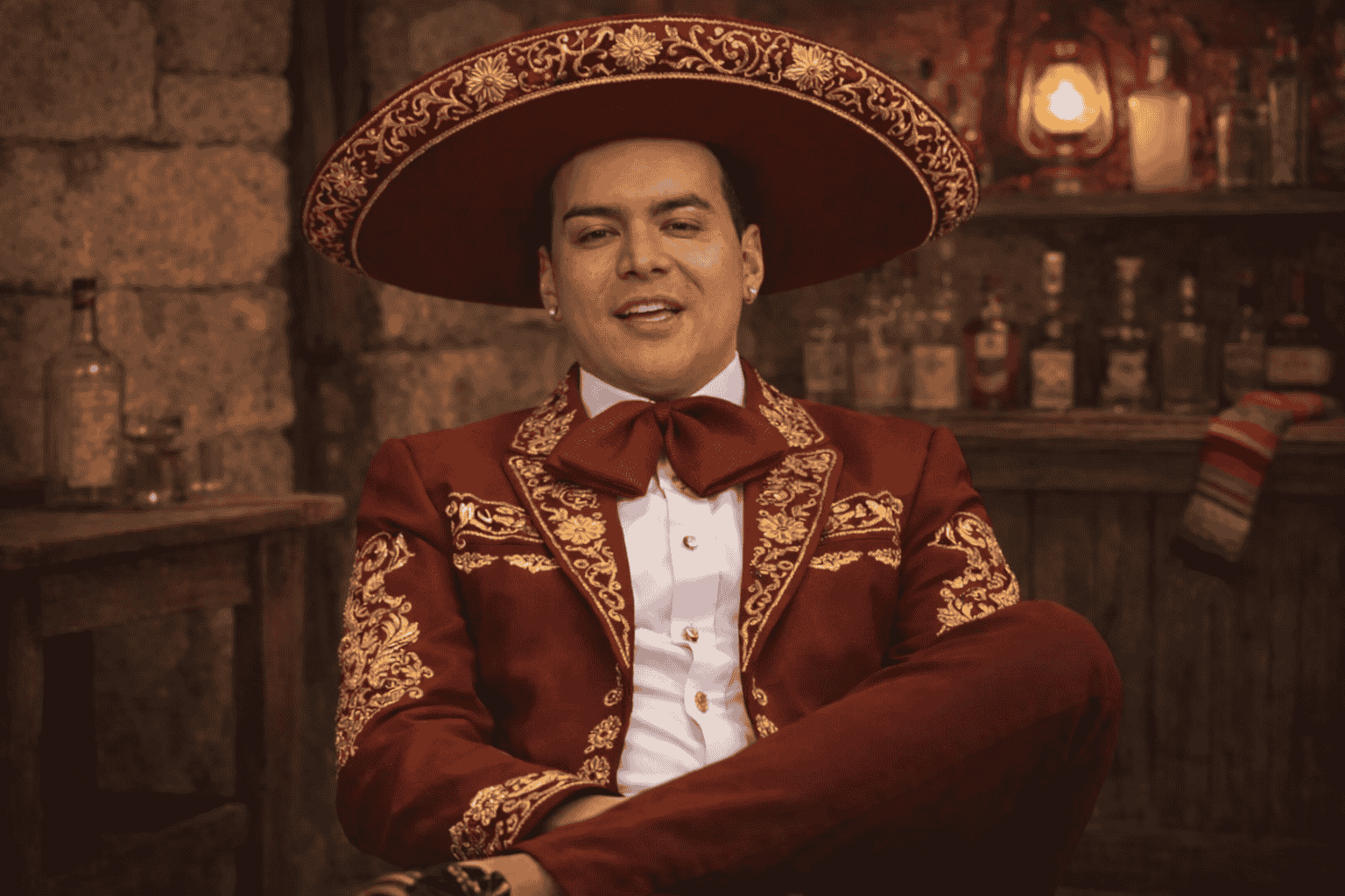Yeison Jimenez, cantante colombiano de musica popular, vestido como mariachi en una cantina mexicana tradicional