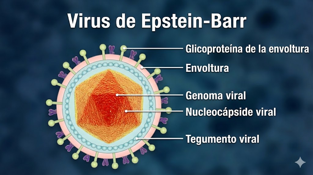 Diagrama detallado de la estructura del Virus de Epstein-Barr (VEB) con etiquetas en español.