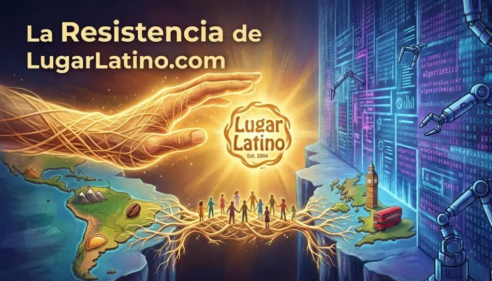 Ilustración simbólica que muestra una mano humana hecha de luz dorada creando un puente de raíces entre mapas de América Latina y el Reino Unido, desafiando un muro frío de código digital y brazos robóticos de IA. Texto superior: "La Resistencia de LugarLatino.com". Representa la conexión humana auténtica de la diáspora frente a la automatización.